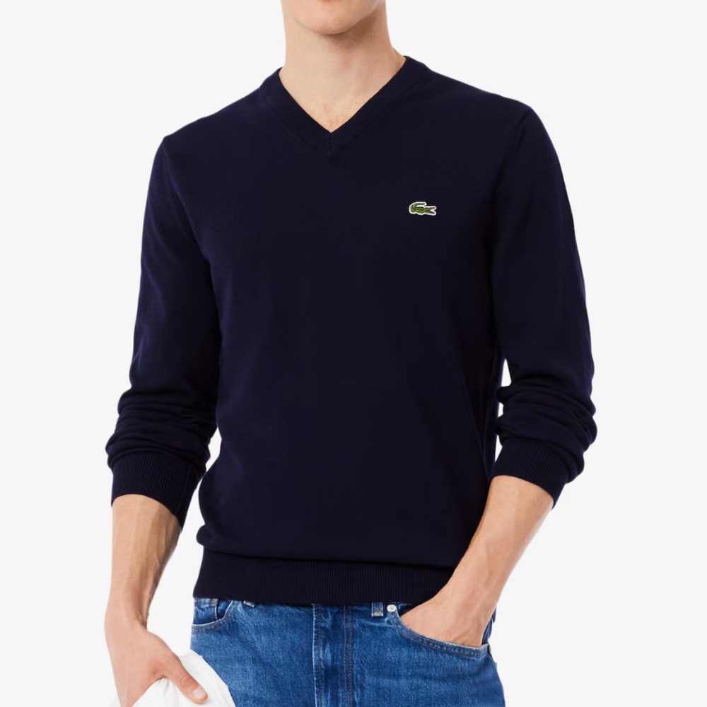 Vintage Lacoste 100% Cotton V-Neck Knit Sweater Navy Blue (M/L/5)